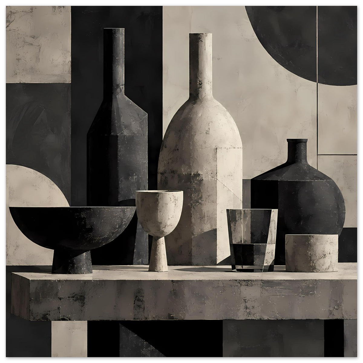 Still-Life-Poster: Flakon, Vase und Becher als abstrakte Stillleben-Komposition in Monochrom
