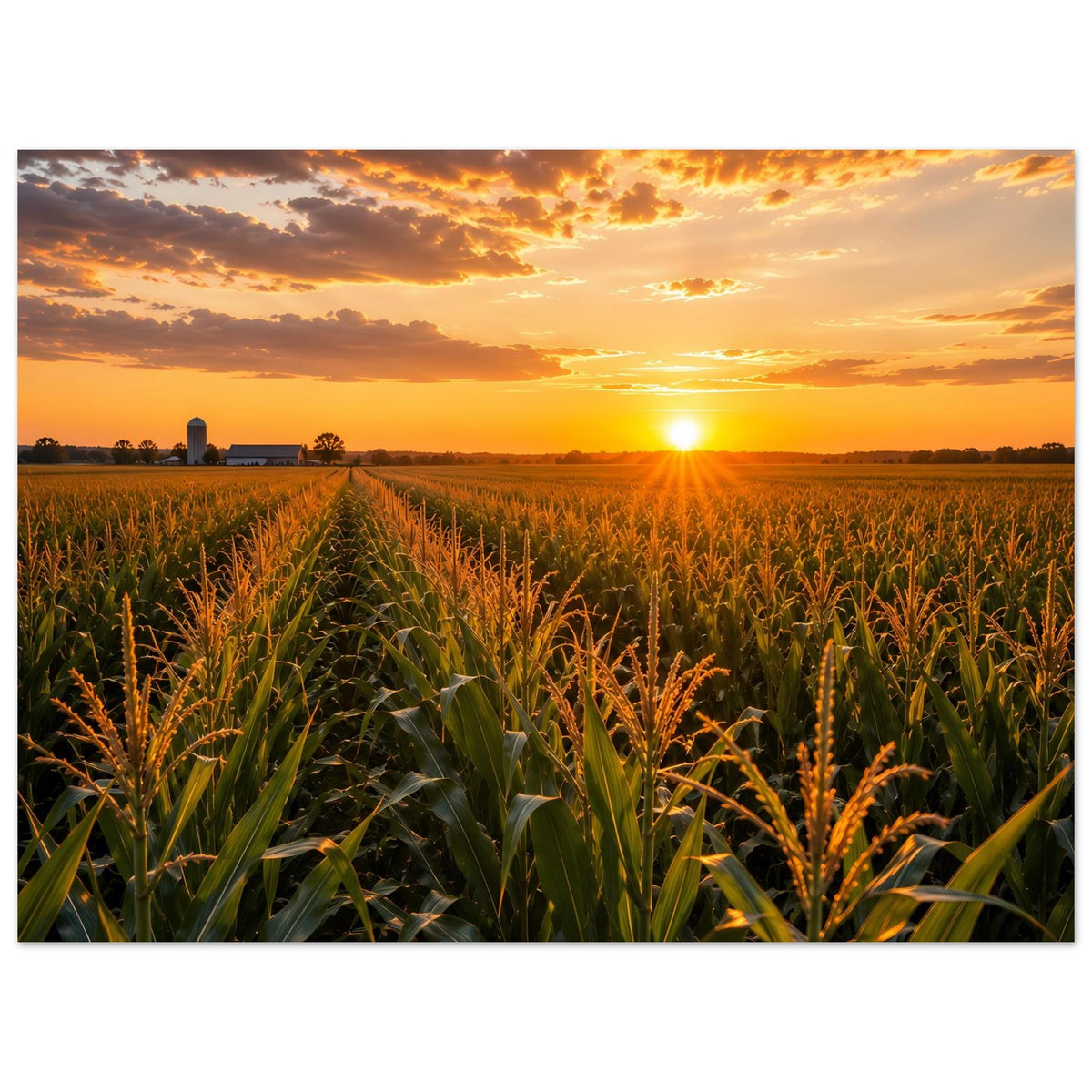 Poster mit Sonnenuntergang über Maisfeld, breite Ansicht, goldene Sonne, grüne Ähren