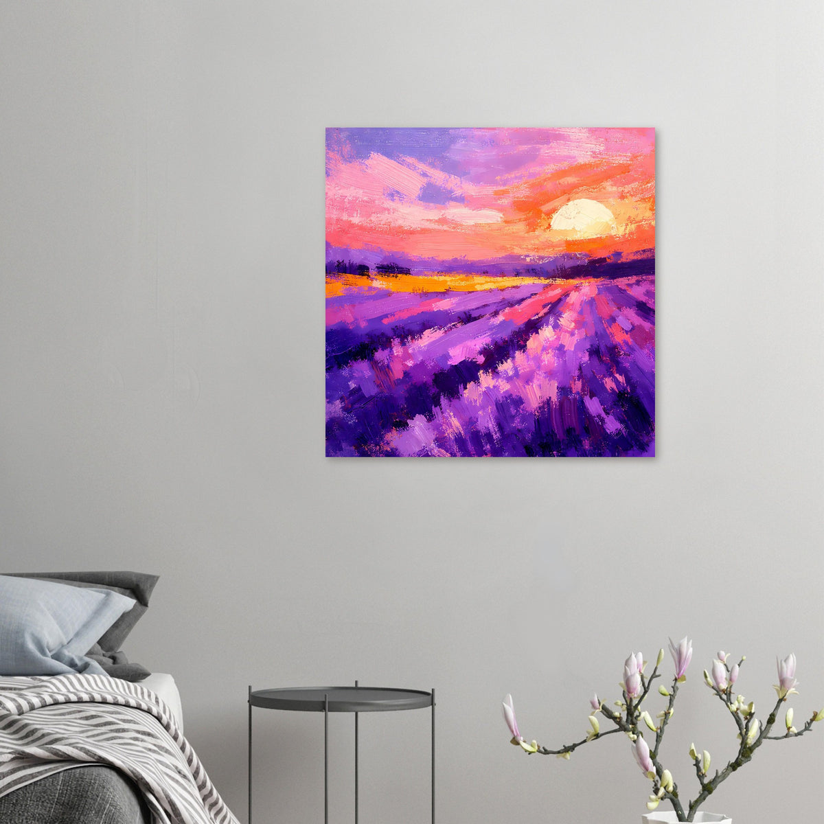 Kleines Poster, quadratisch: abstraktes Lavendelfeld mit Sonnenuntergang und hellem Sonnenkreis