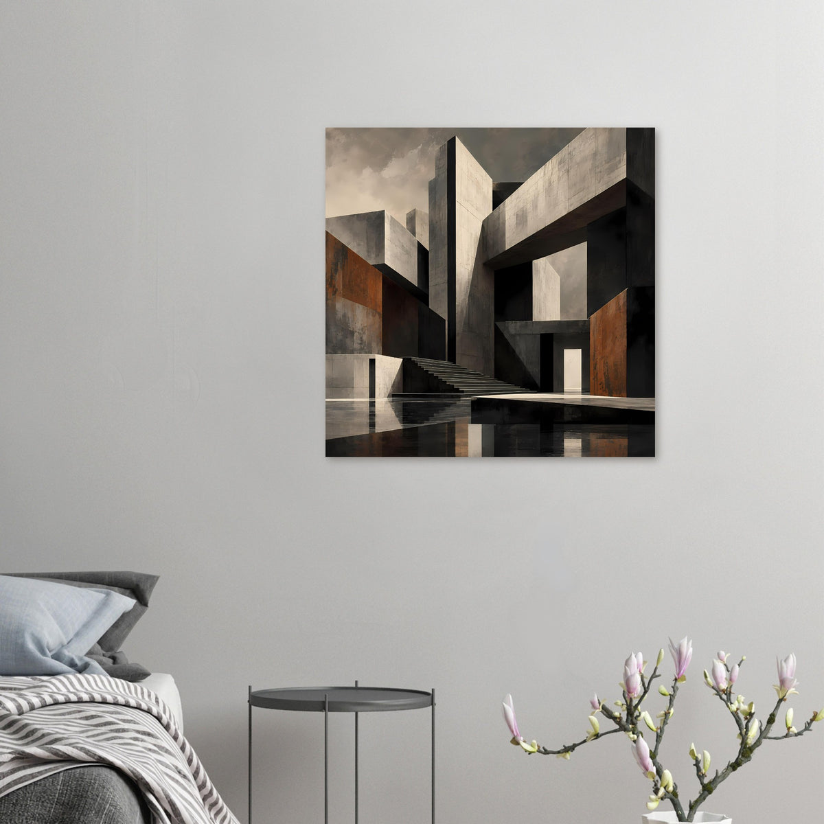 Kleines Architekturposter mit Treppenflucht und geometrischen Betonwänden in Grau, Schwarz, Rost