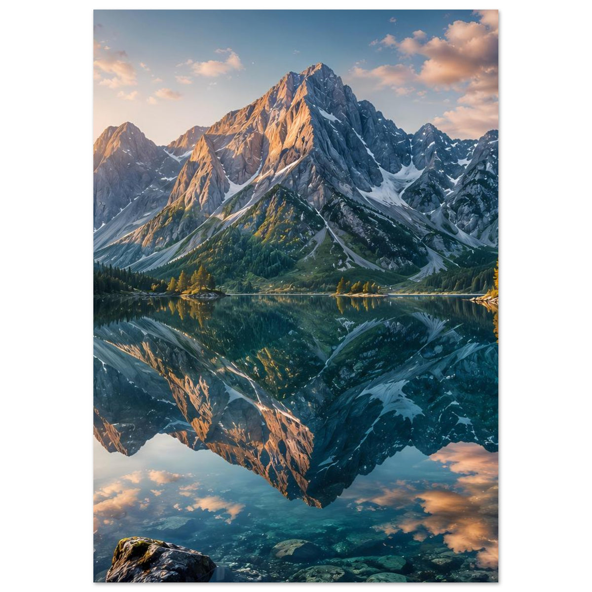 Hochformatiges Landschaftsposter mit Alpenbergen, Wald und reflektierendem See