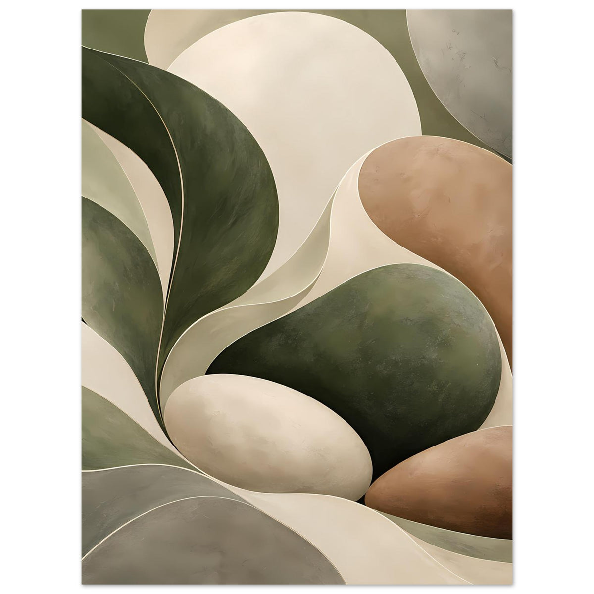 Abstraktes Naturwellen-Poster mit organischen Ovalen in Grün, Beige und Braun, vertikal