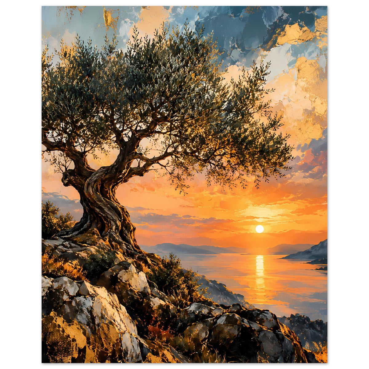 Poster im Hochformat mit Olivenbaum, Küstenfelsen und spiegelnder Sonne bei Sonnenuntergang