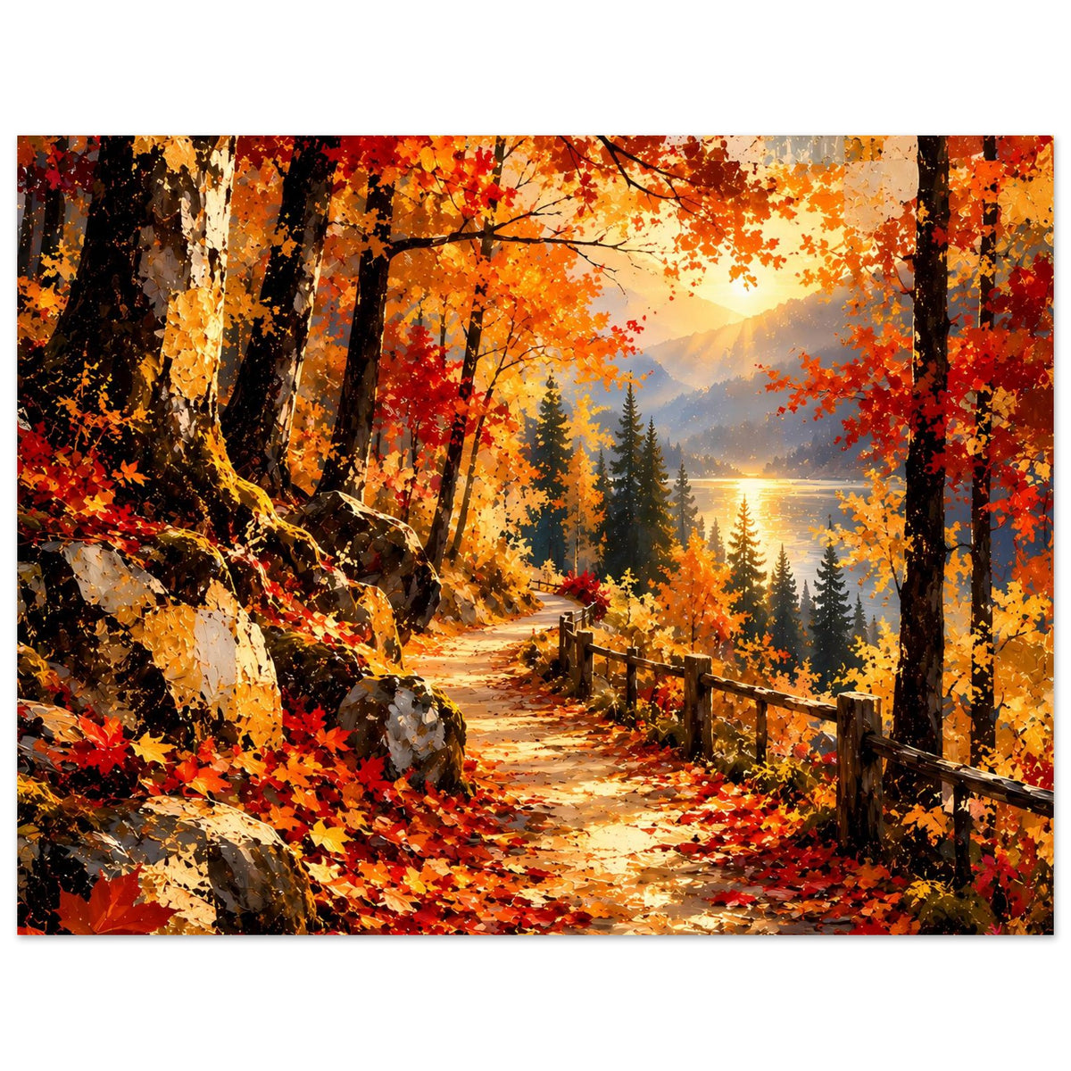 Breites Poster: Herbstwanderweg im Wald mit buntem Laub, Zaun und Sonnenstrahlen