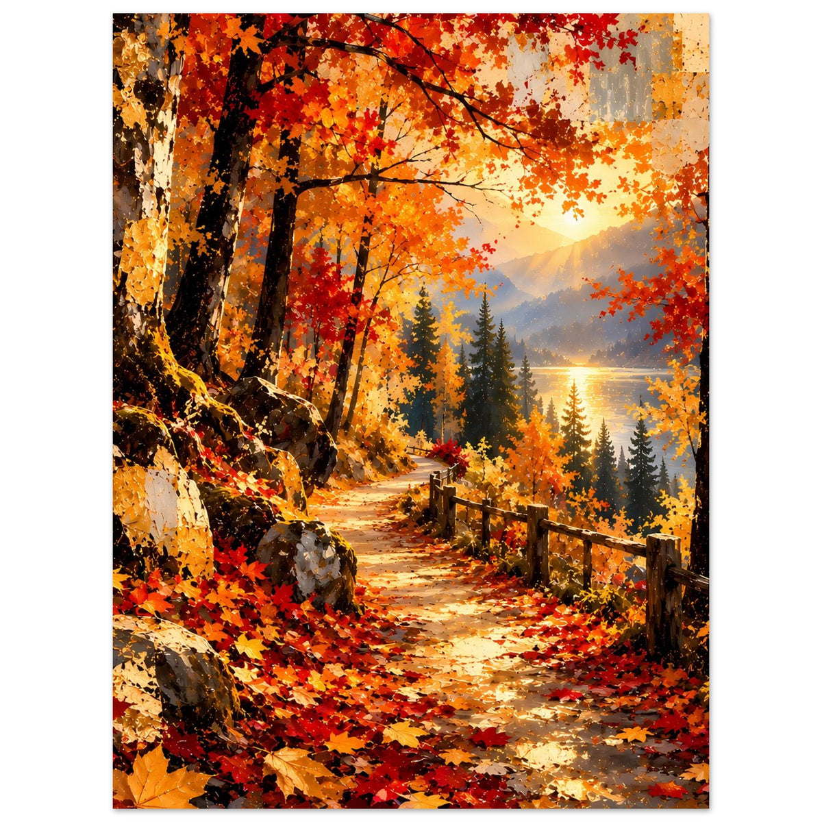 Poster mit Herbstwanderweg durch Wald, Steine und Zaun, leuchtende Blätter und Sonne