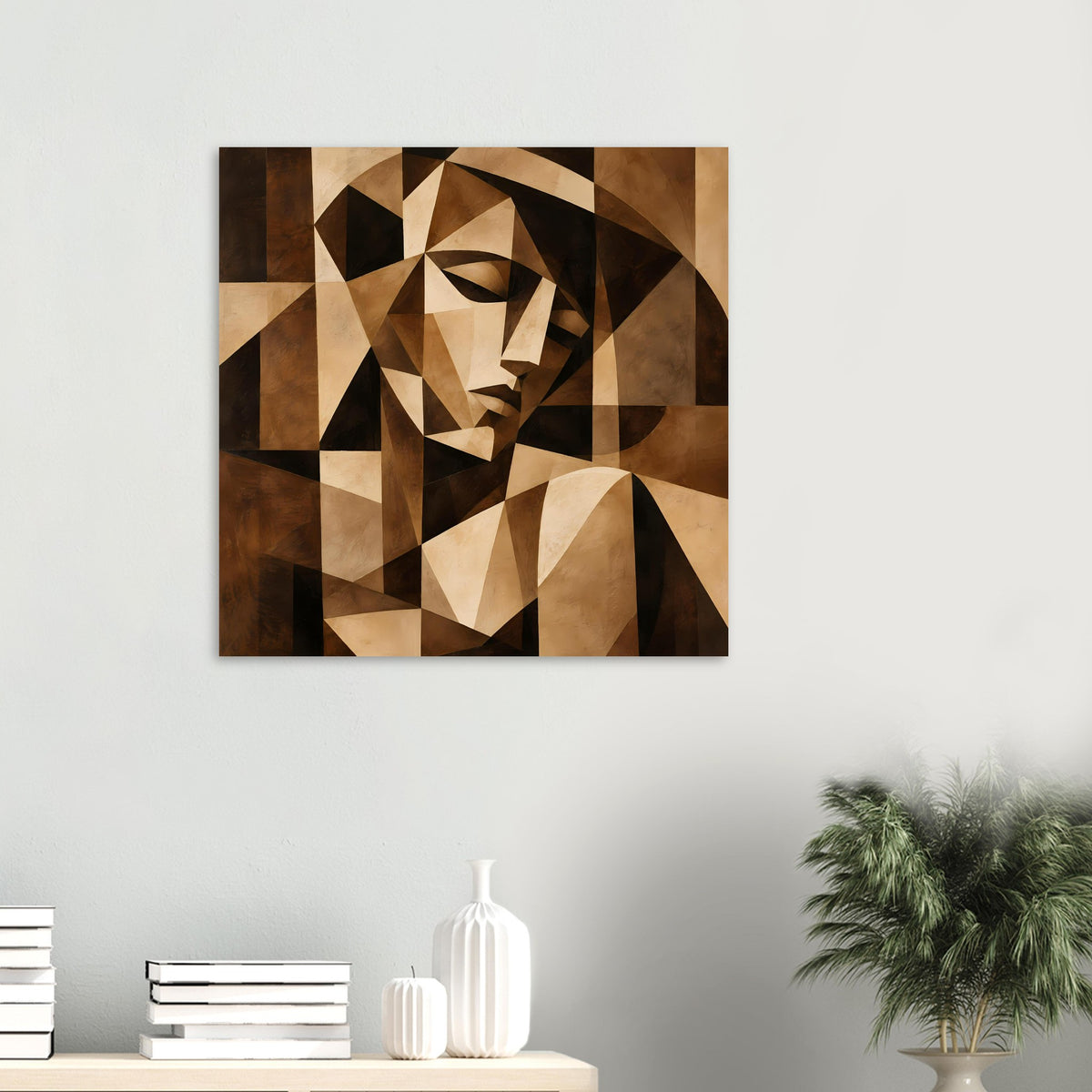 Kubistisches Kunstposter mit geometrischem Porträt, Braun- und Beige-Tönen