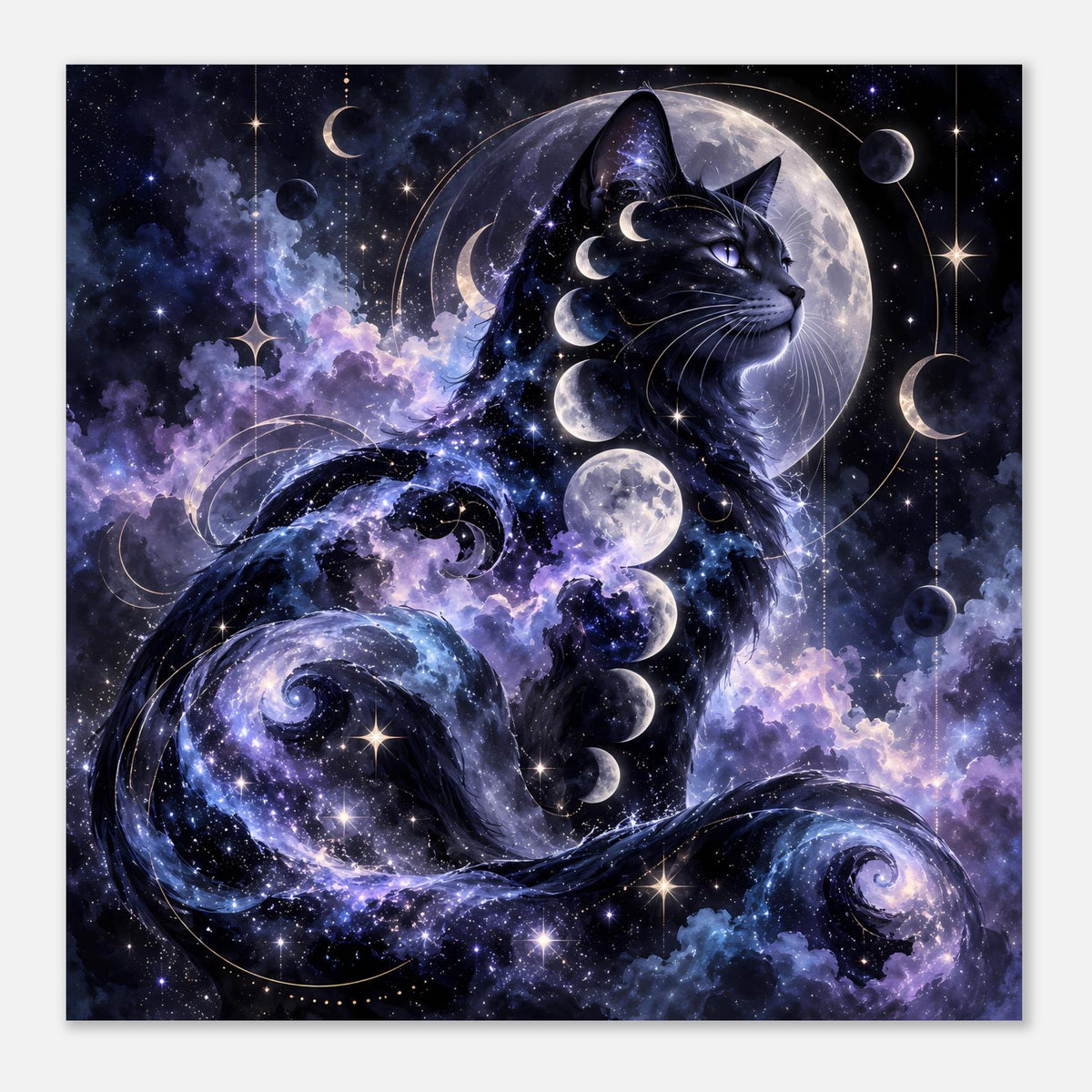 Quadratisches Poster mit schwarzer Katze, Mondphasen und Weltraumwolken