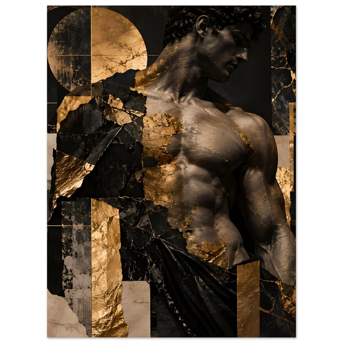 Kunstposter mit sitzender Statue im Profil, Schwarz-Gold-Marmor und goldenen Highlights