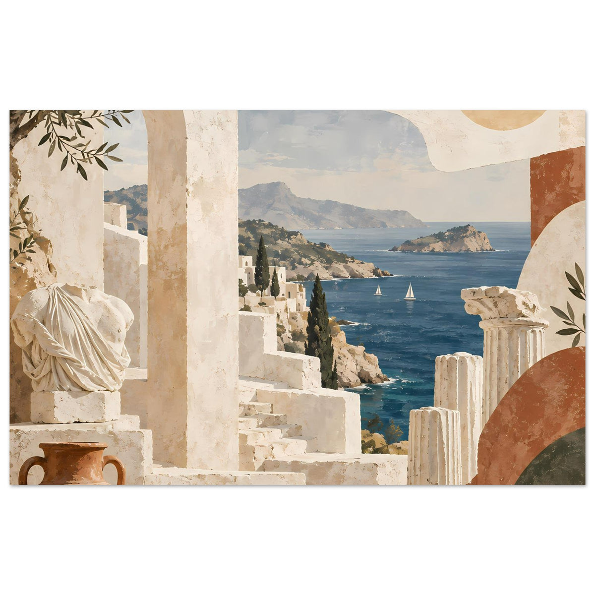 Urlaubs-Poster mit Küstenblick: weiße Steinsäulen, Architekturrelief und Meer mit Segelbooten