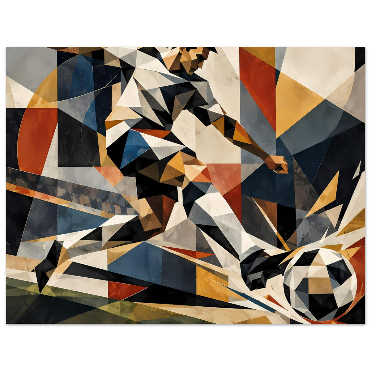 Abstraktes Poster: Fußballspieler im geometrischen Design, Fußball am unteren rechten Bildrand