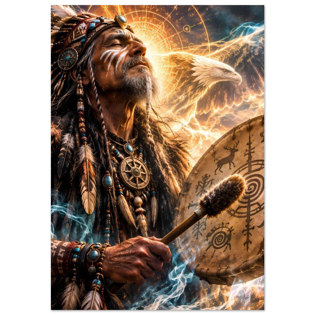 Fantasy-Poster: Schamane mit Trommel, goldener Adler über dem Rücken