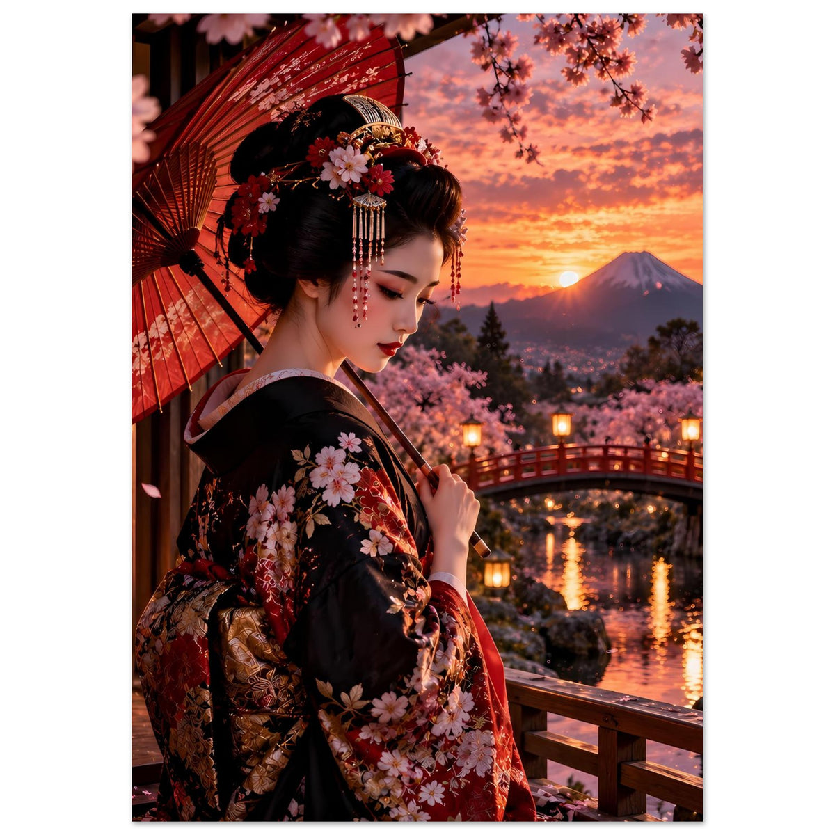 Poster im Hochformat: Frau im dunklen Kimono mit Kirschblüten, roter Fächer, Brücke