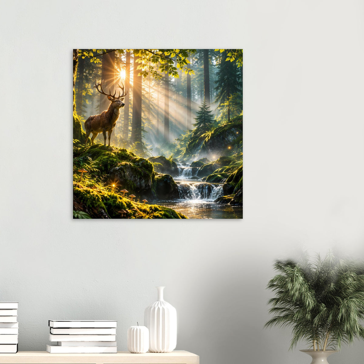 Quadratisches Poster mit Hirsch im Wald, Sonnenstrahlen und Wasserfall