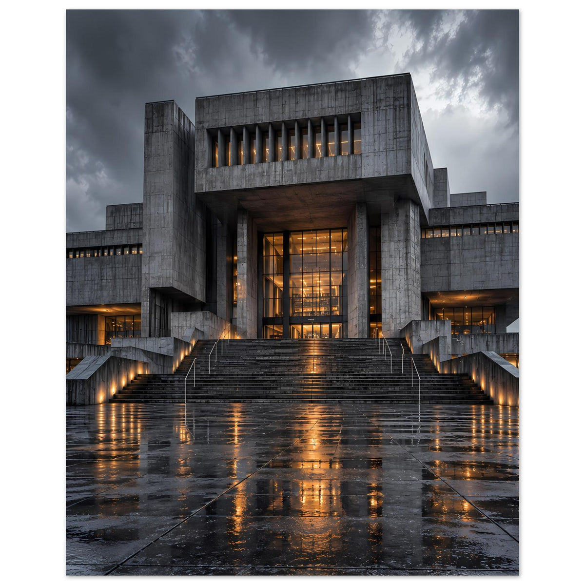 Architekturposter: moderner Betonkomplex mit warmen Fenstern und Treppenaufgang