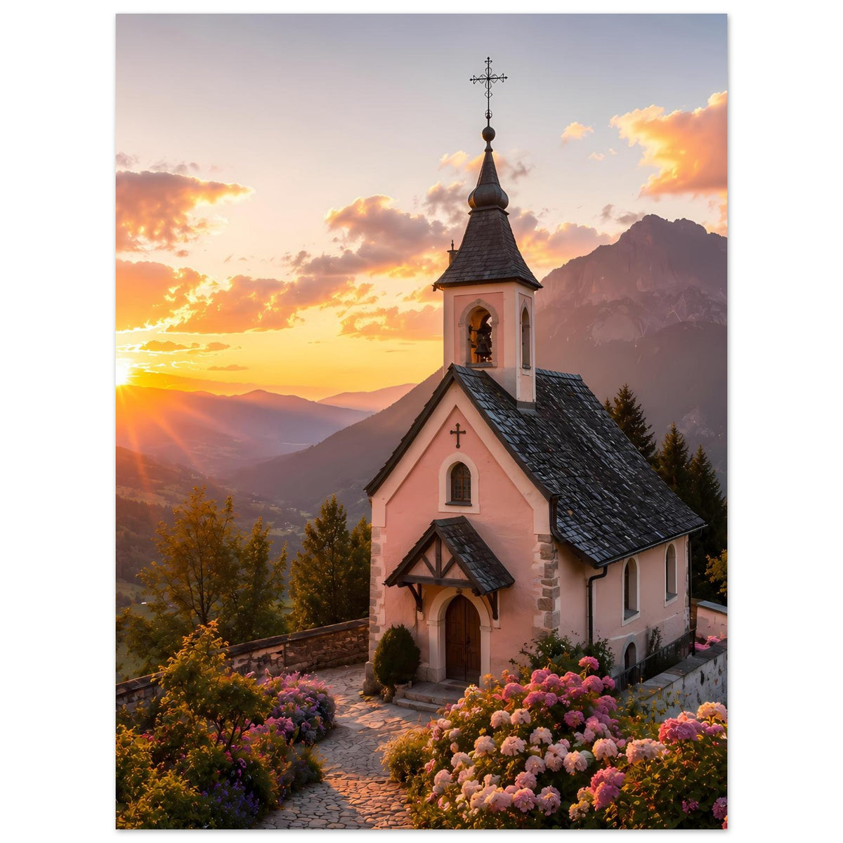 Landschaftsposter mit Kapelle bei Sonnenuntergang, Glockenturm, Weg und blühenden Sträuchern