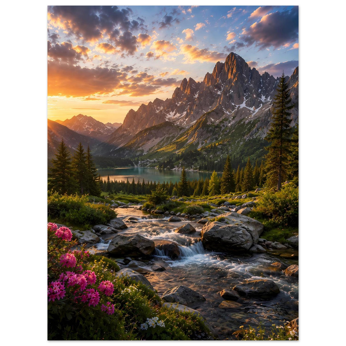 Hochformatiges Landschafts-Poster: Sonnenuntergang über Bergen, Fluss, Fichten und violette Blüten