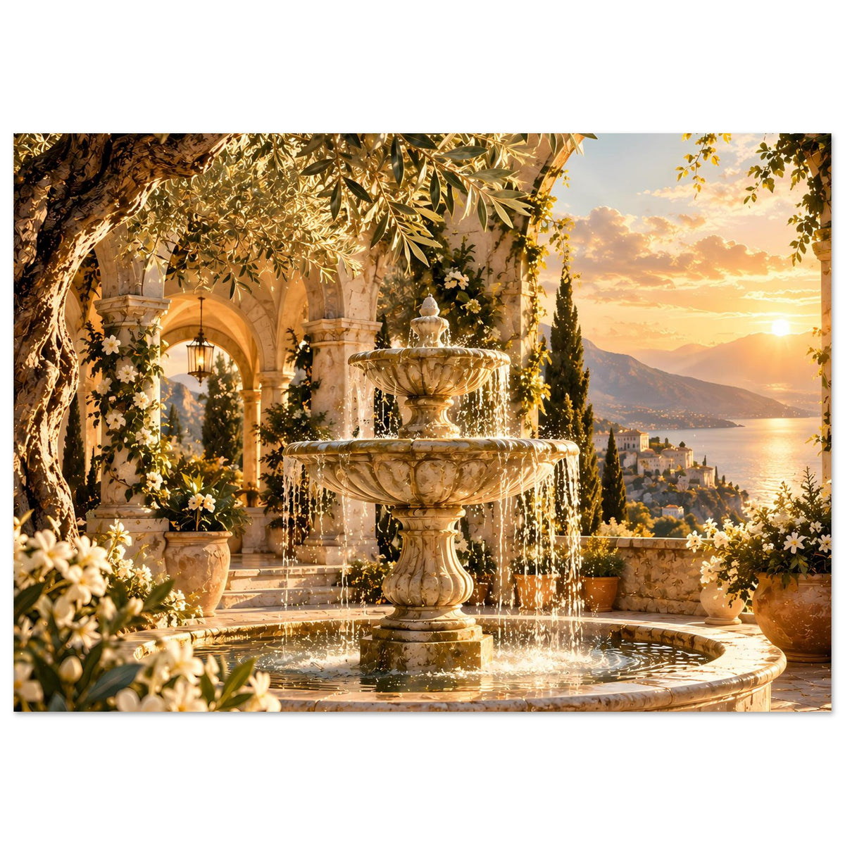 Querformat-Poster mit mediterranem Springbrunnen, goldenen Pflanzen und Sonnenuntergang