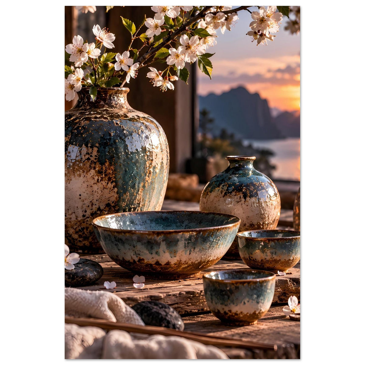 Poster mit japanischer Keramik: Vase und Schale im Nahblick, Teelicht und Tasse
