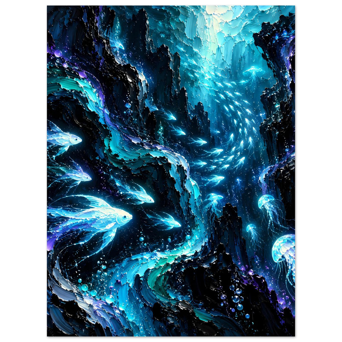 Leuchtendes Meeresleben-Poster: leuchtende Fische und Quallen in tiefblauer Unterwasserwelt
