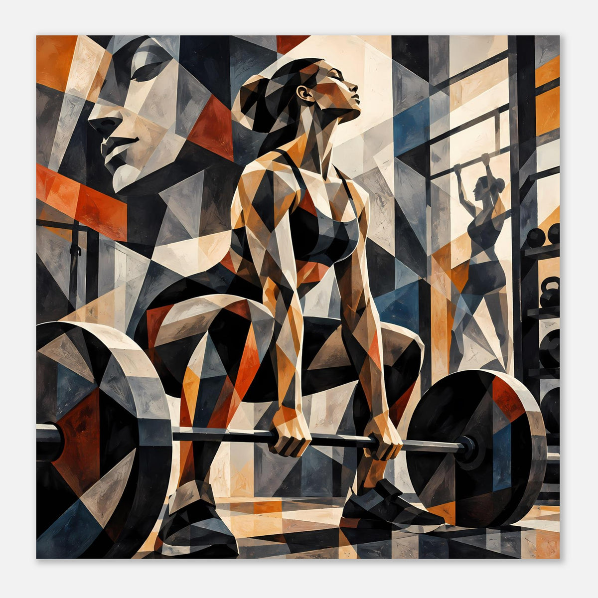 Gerahmtes Poster mit abstrakter Sportlerin und Hantel, geometrische Flächen in Blau und Orange