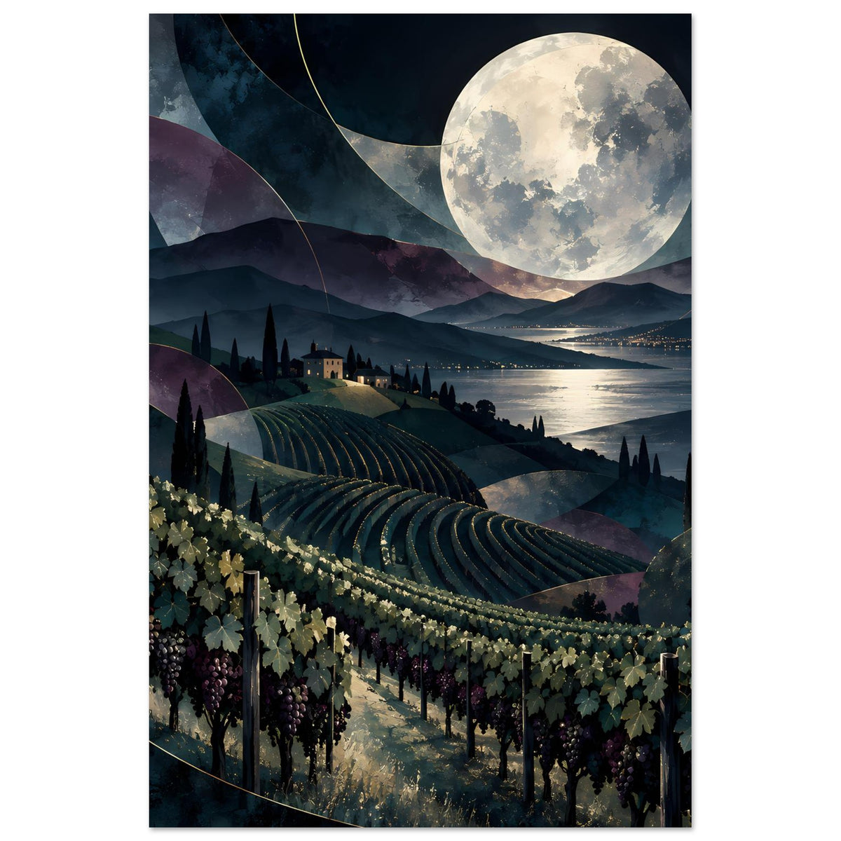 Nachtlandschaftsposter mit großem Mond über Weinbergen, Zypressen und wehenden Hügeln