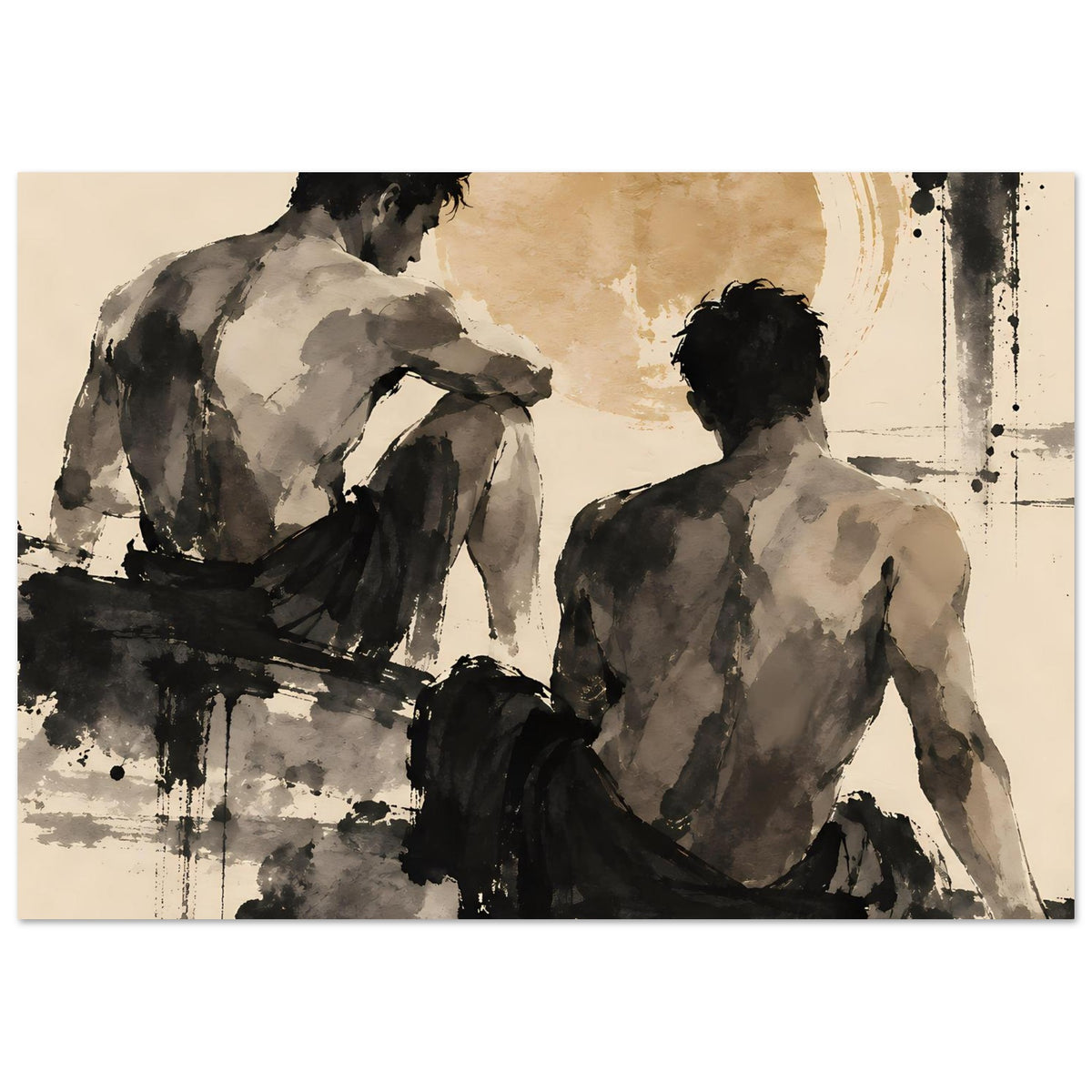 Kunstposter im Querformat mit zwei Figuren von hinten, Sepia und Schwarz im Stil