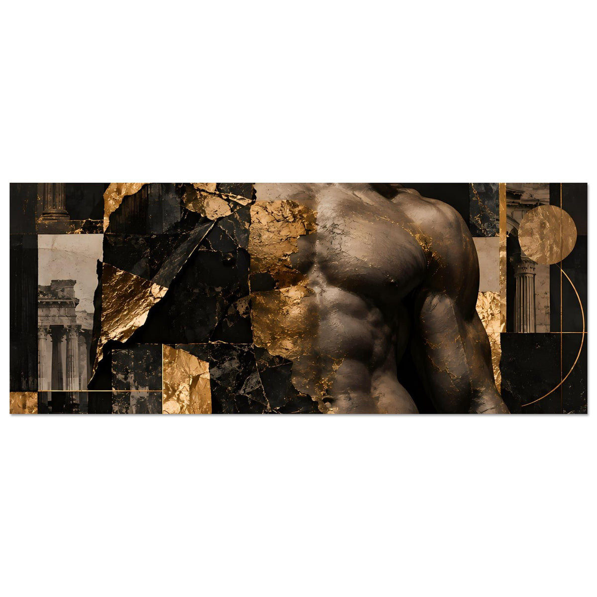 Kunstposter mit Skulptur-Torso, schwarz-goldenen Akzenten und marmorartiger Collage, quer