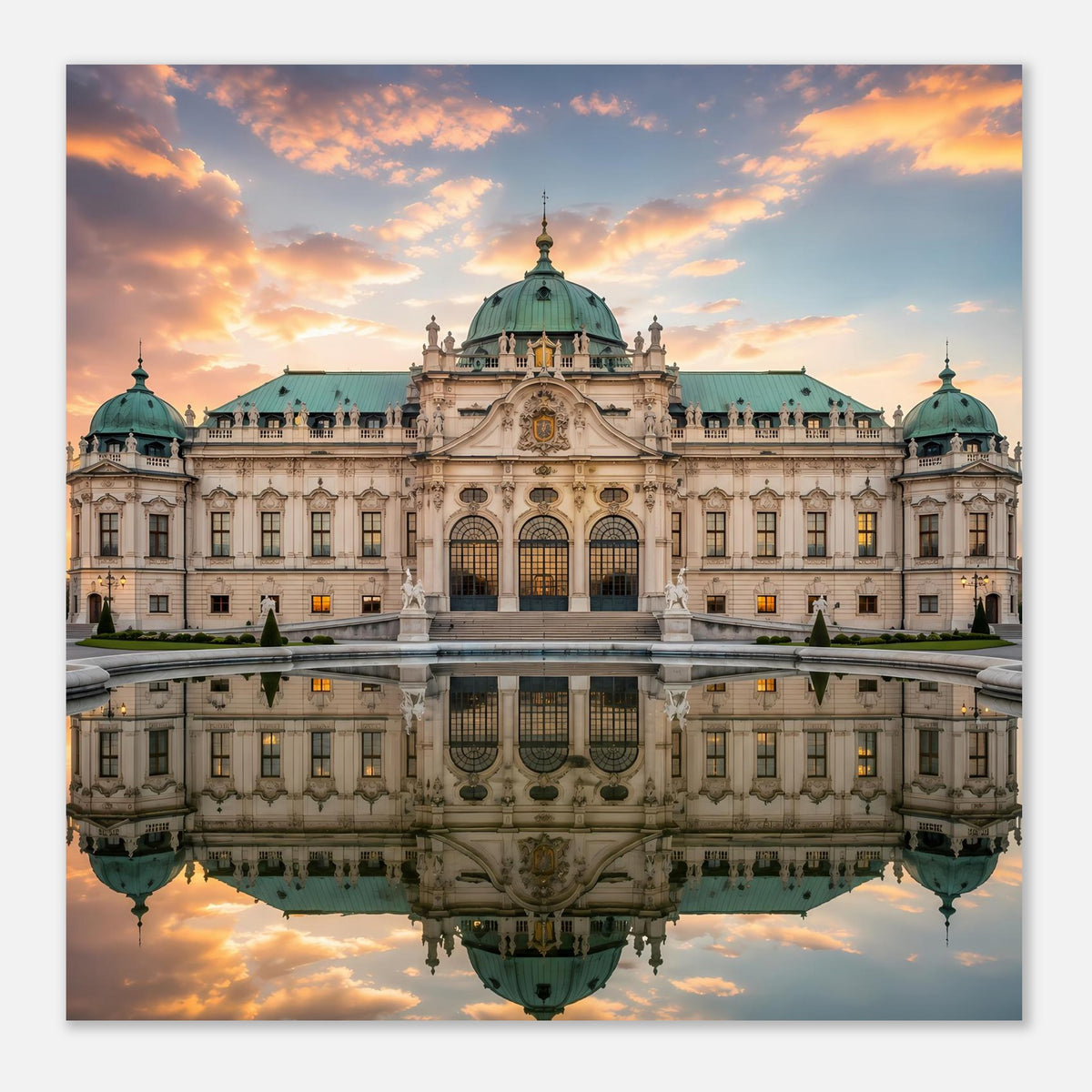 Schloss-Poster mit Palastansicht und Spiegelung, grüne Kuppel, Sonnenuntergang