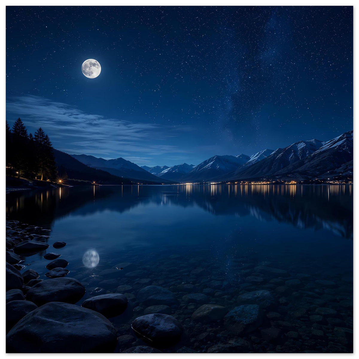 Gerahmtes Poster mit Mond über ruhigem Bergsee und Sternenhimmel bei Nacht.