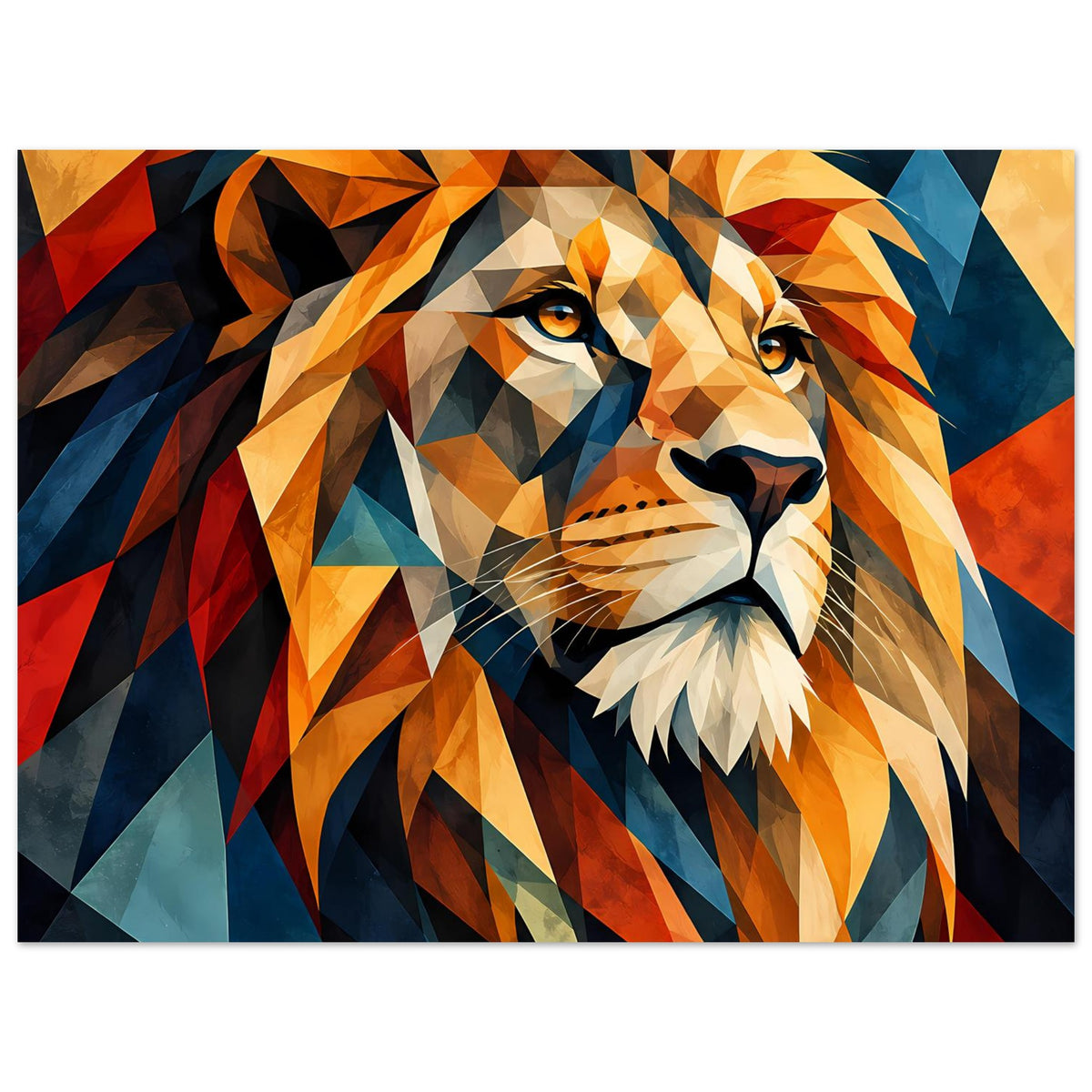 Geometrisches Löwenposter mit Löwenkopf, weiße Bartpartien und orangefarbene Mähne