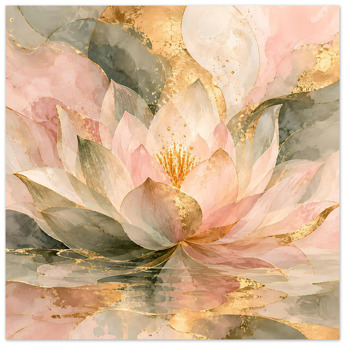 Elegantes Lotusblüten-Poster in Rosé, Gold und Grün