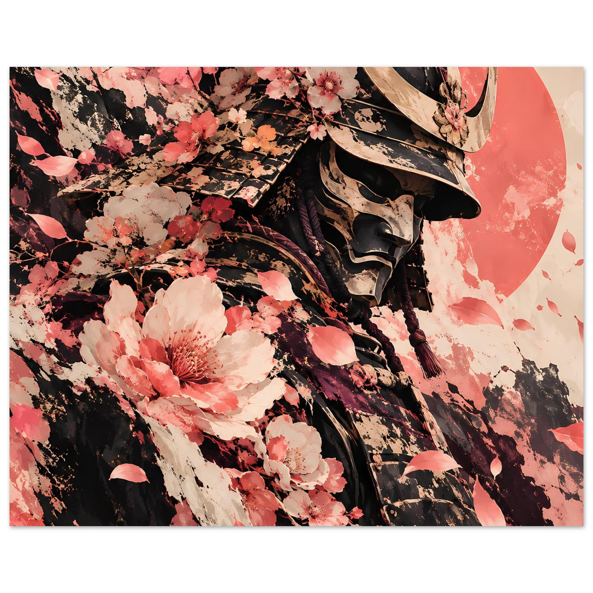 Querformat-Poster mit Samuraihelm und Kirschblüten, rosa Akzenten auf dunklem Motiv
