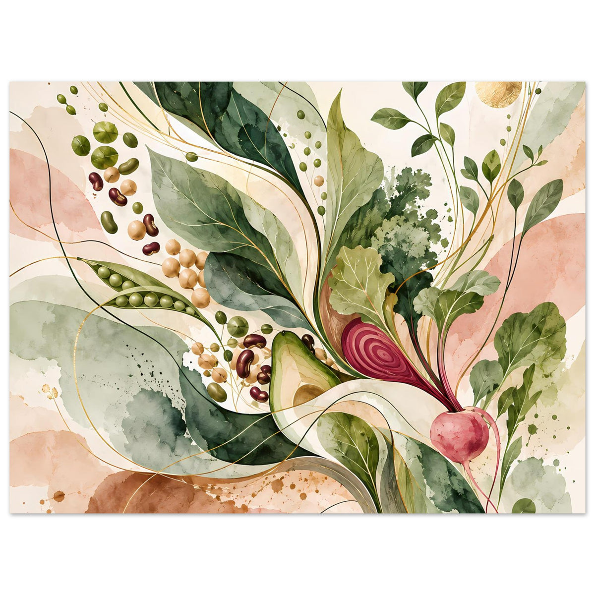 Botanisches Naturposter mit Blättern, Früchten und Salbeigrün, Beige, Rosé