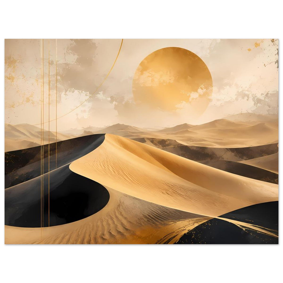 Wüstenlandschafts-Poster mit goldenen Dünen, schwarzem Sand, Sonnenscheibe und Linien