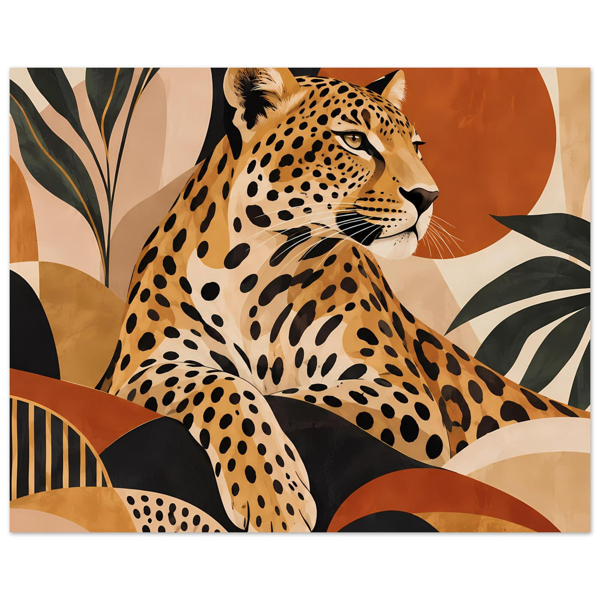 Boho-Tierposter mit Leopardenkopf im Profil, braun-schwarzen Flecken und abstrakten Formen