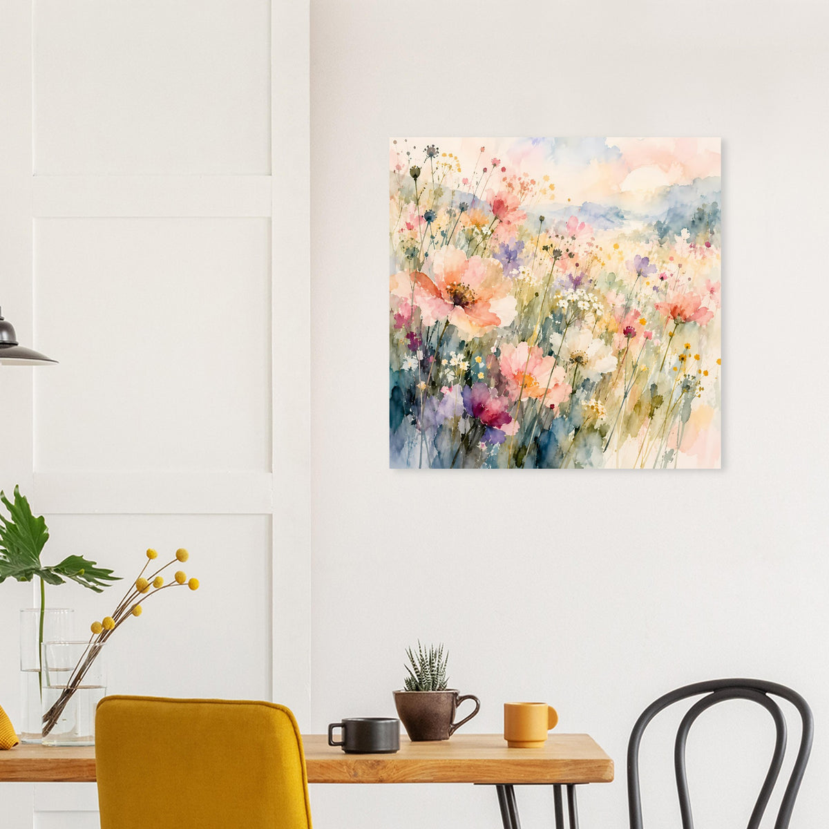 Wildblumenwiese im Aquarellstil: pastellige Blumenfelder mit weichen Farbübergängen