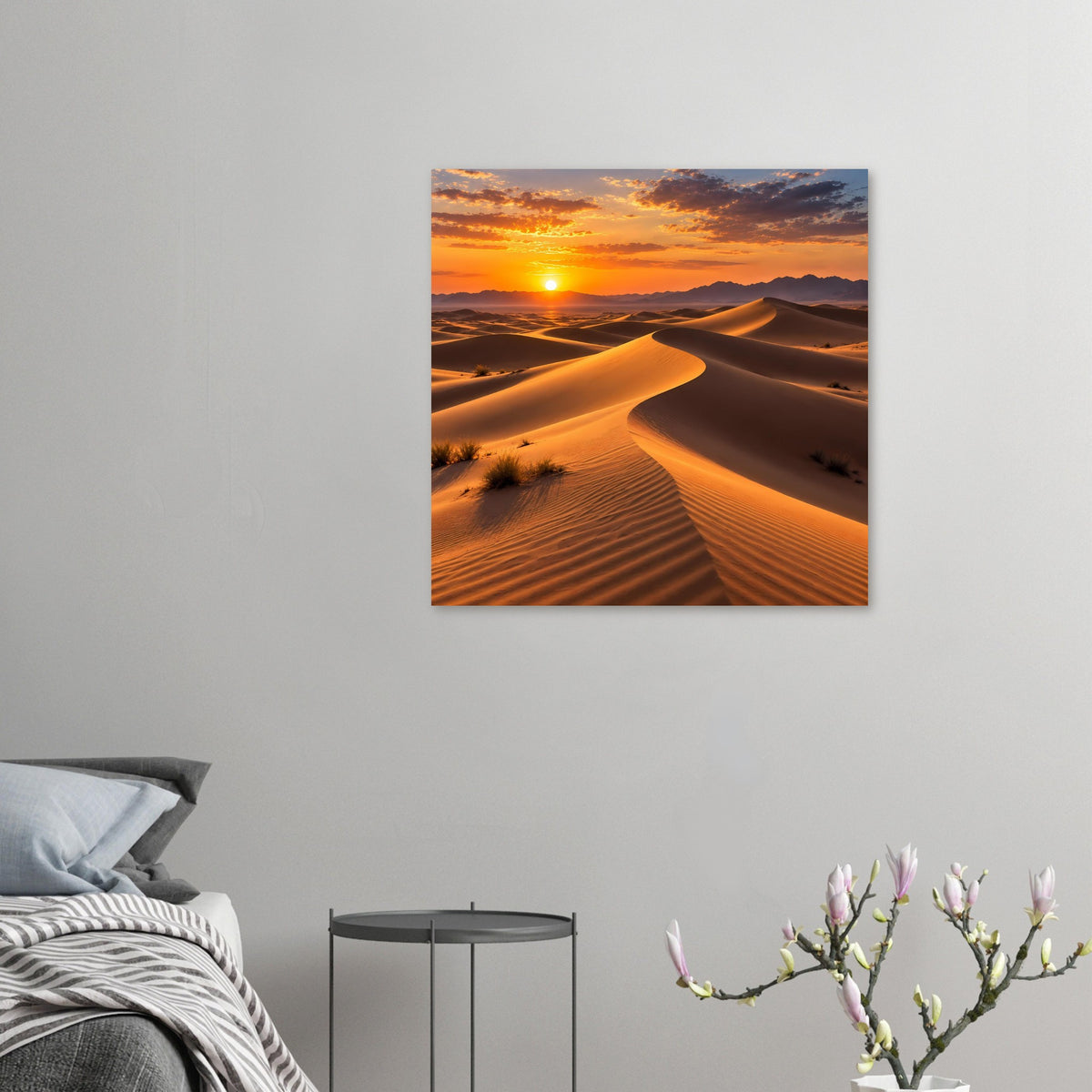 Wüsten-Sonnenuntergang-Poster im quadratischen Format: Dünen und Sonne, warmes Licht