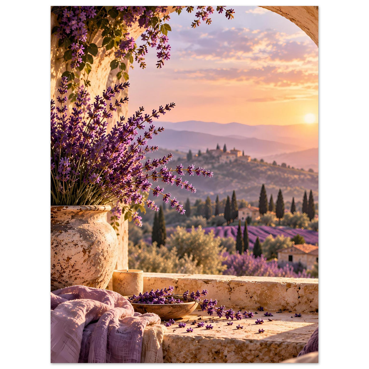 Lavendelblumen-Poster mit Steinbalkon, Vase und Sonnenuntergang; lila Blüten im Vordergrund