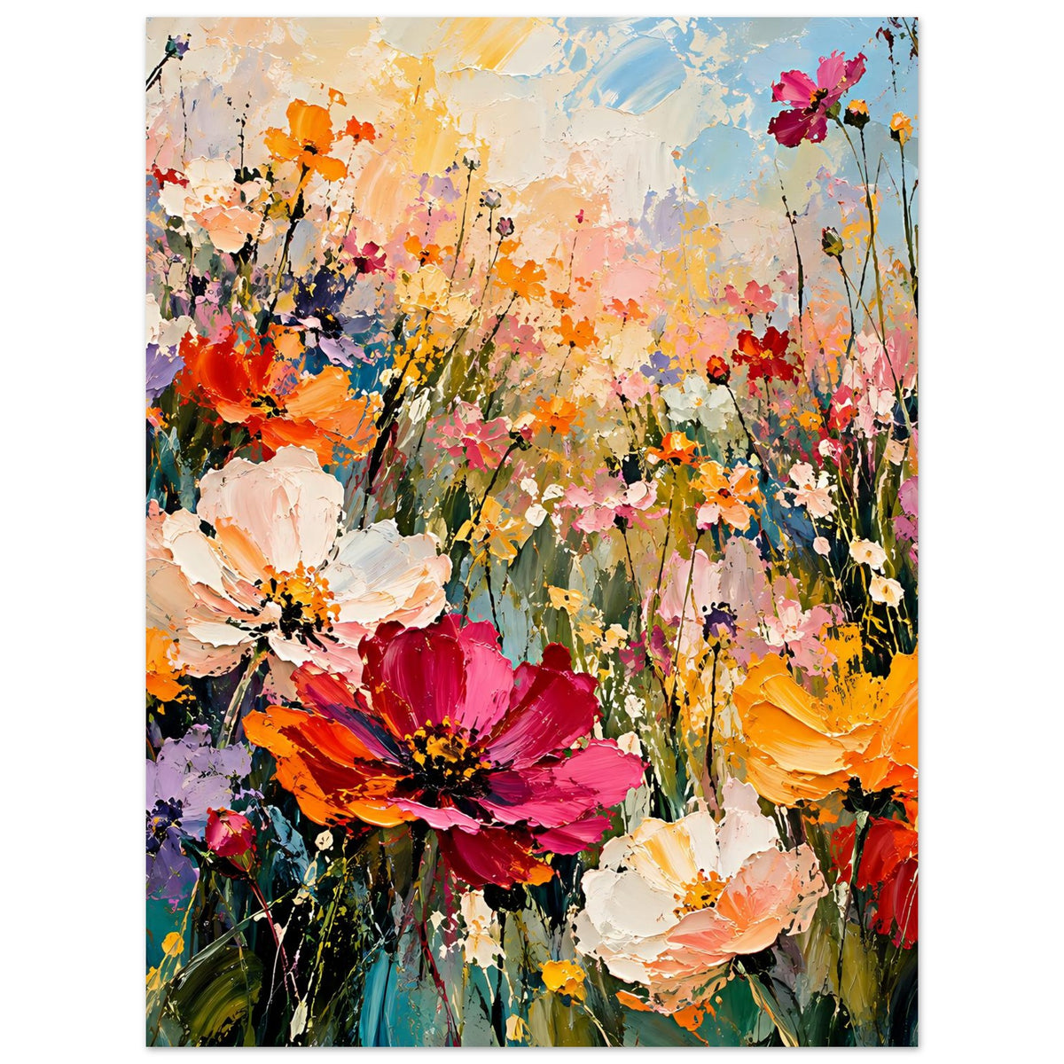Blumenposter im Hochformat mit vielen Blüten in warmen Tönen, helles Farbgerüst