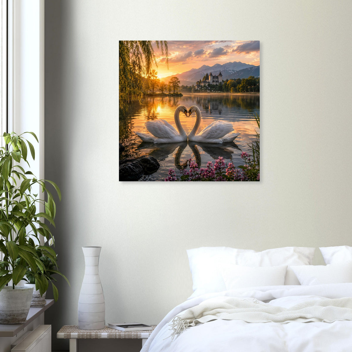 Wandposter mit zwei Schwänen im Herzmotiv am See bei goldenem Sonnenuntergang