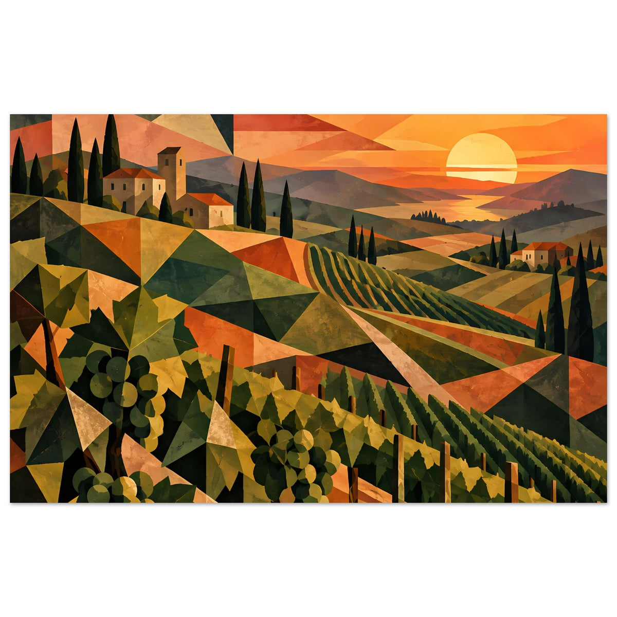 Horizontales Poster mit abstrakter Weinberglandschaft und Sonnenuntergang, orangefarbener Himmel