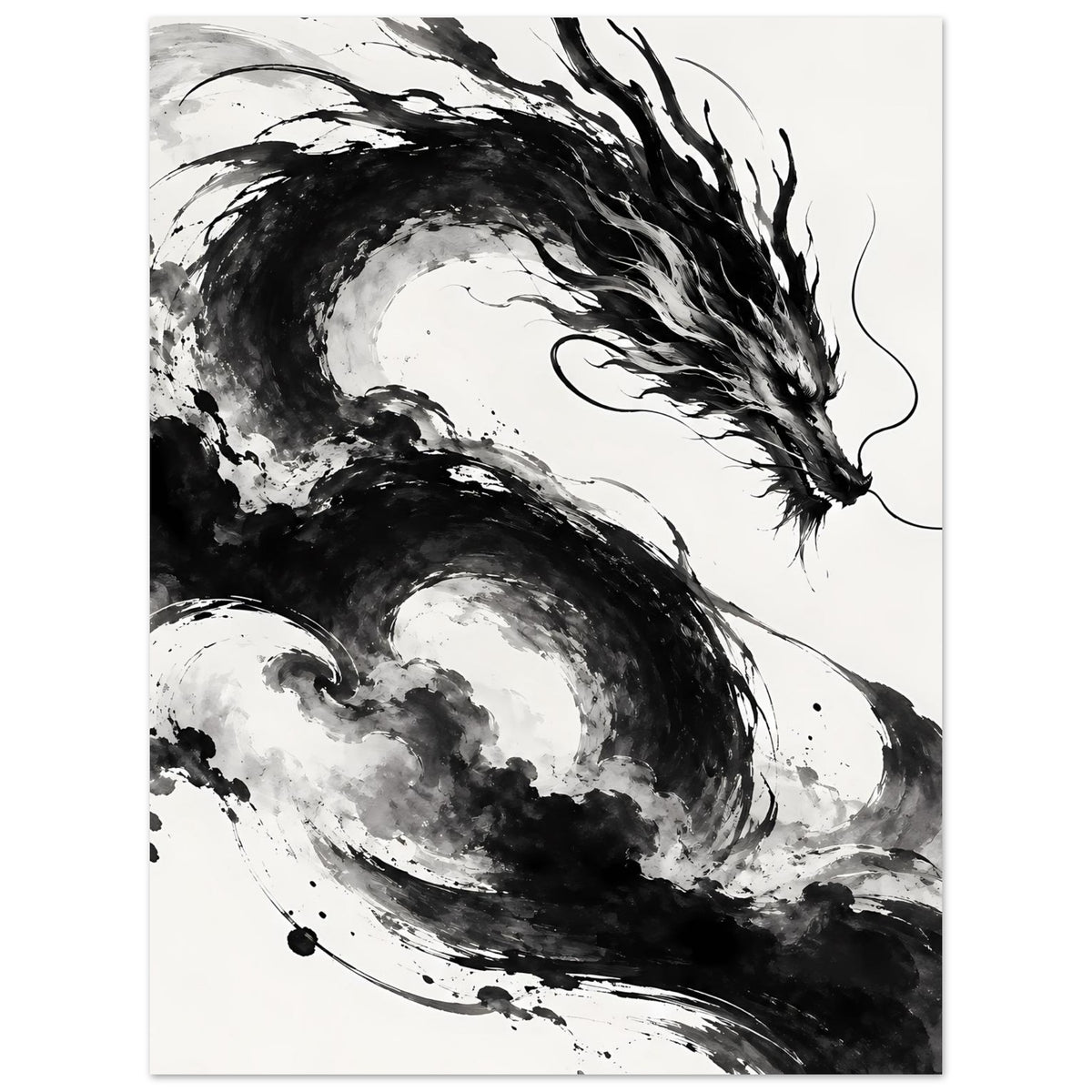 Drachenkunst-Poster im Schwarz-Weiß, vertikal: Drache mit kräftigem Rückenpanzer und Schweif