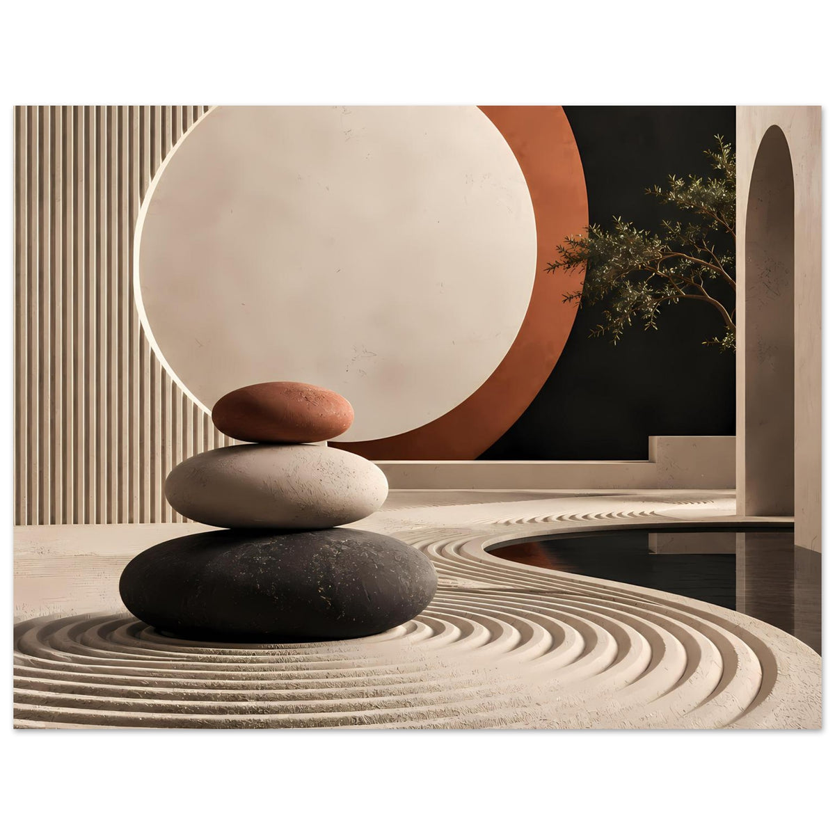 Kunstposter mit Zen-Arrangement: drei Steine, großes Kreisbild in Creme und Terrakotta.