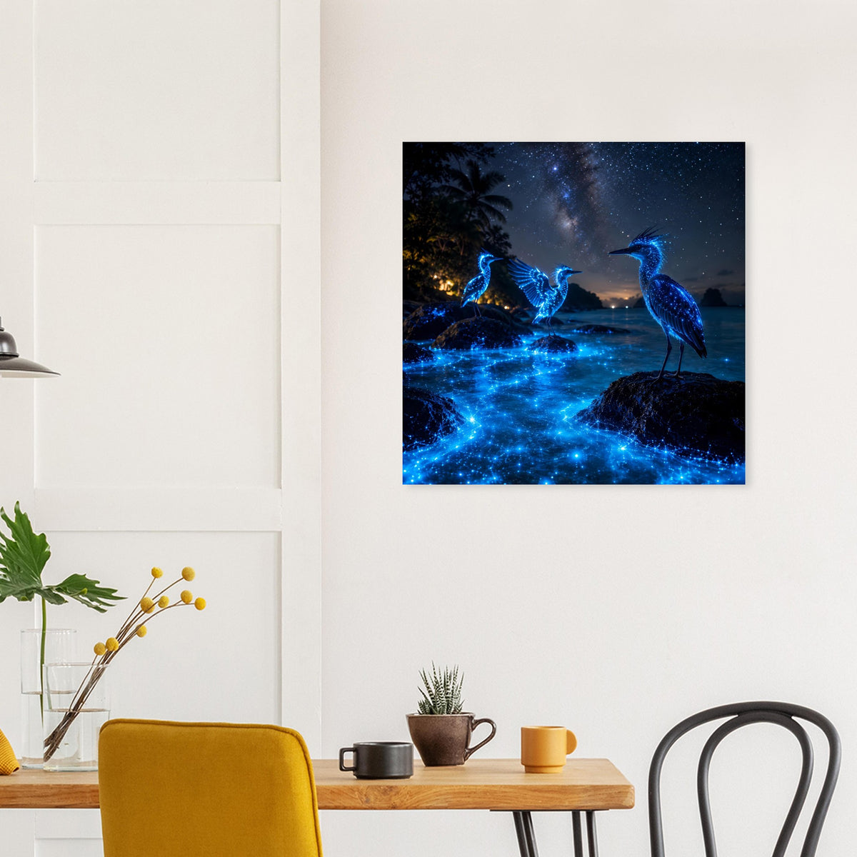 Poster mit drei leuchtenden blauen Nachtvögeln im Nachthimmel über Wasser und Felsen