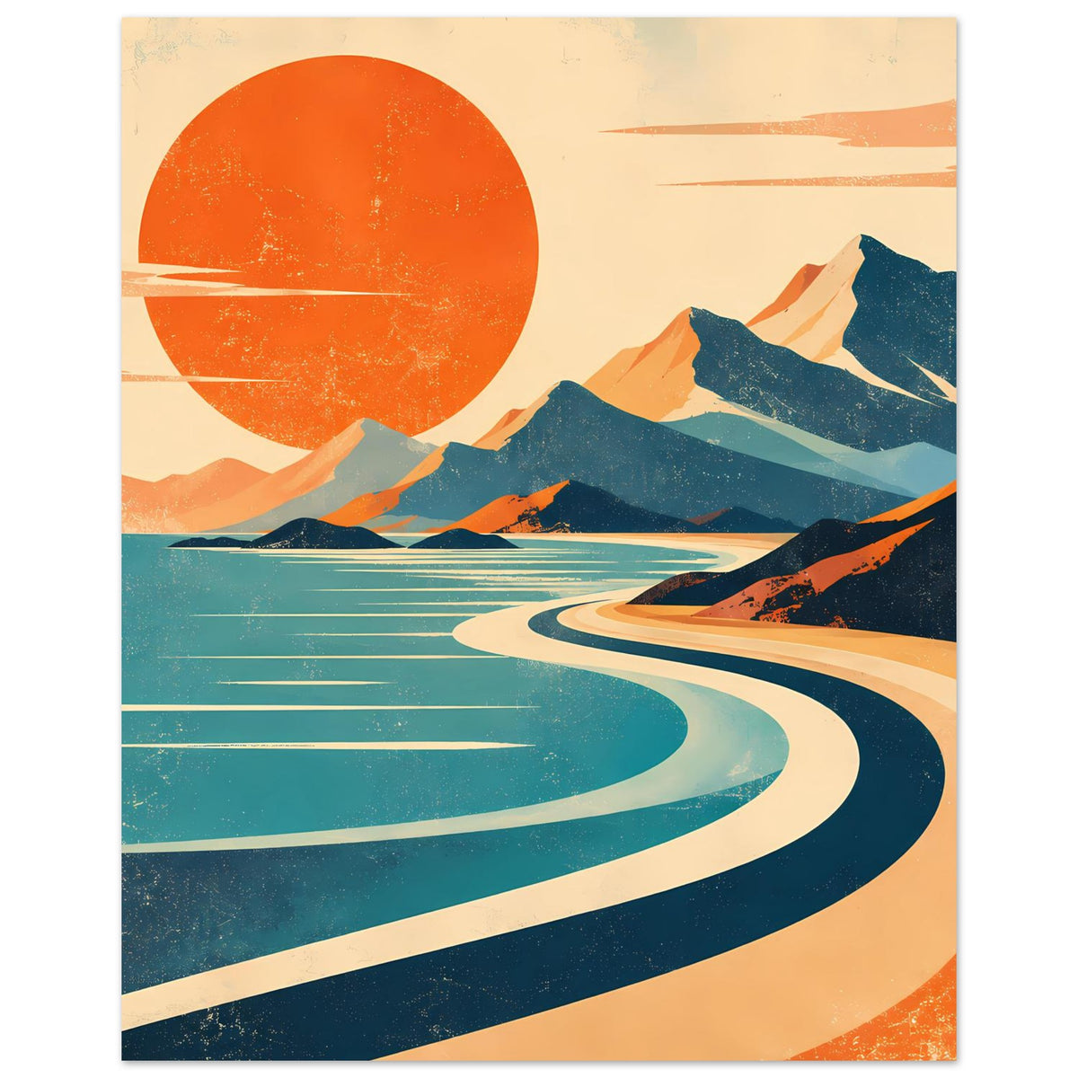 Vintage-Poster mit orangefarber Sonne, blauen Bergen, gewundener Straße am Meer