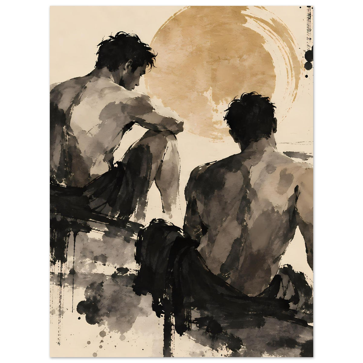 Kunstposter mit zwei Rückenfiguren in warmem Sepia und dunklen Pinselstrichen