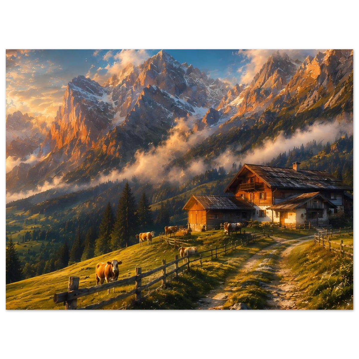 Poster mit Almhütte, Kühen und verschlungenem Wiesenweg vor mächtigen Alpenbergen