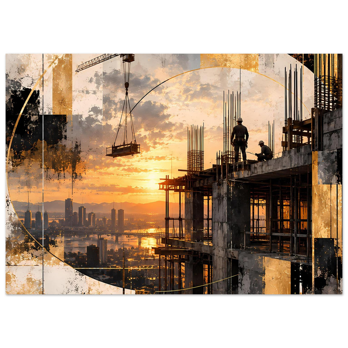 Horizontales Abstraktes Konstruktionsposter mit Sonnenuntergang, Kränen und Industrie-Silhouette