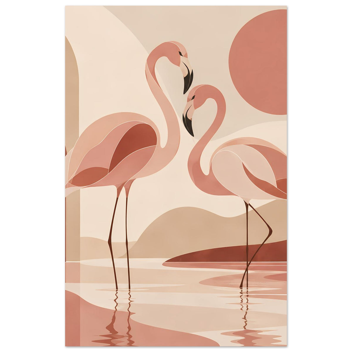 Naturposter mit zwei Flamingos im Boho-Stil, warmtönige Formen und Wasser-Spiegelung
