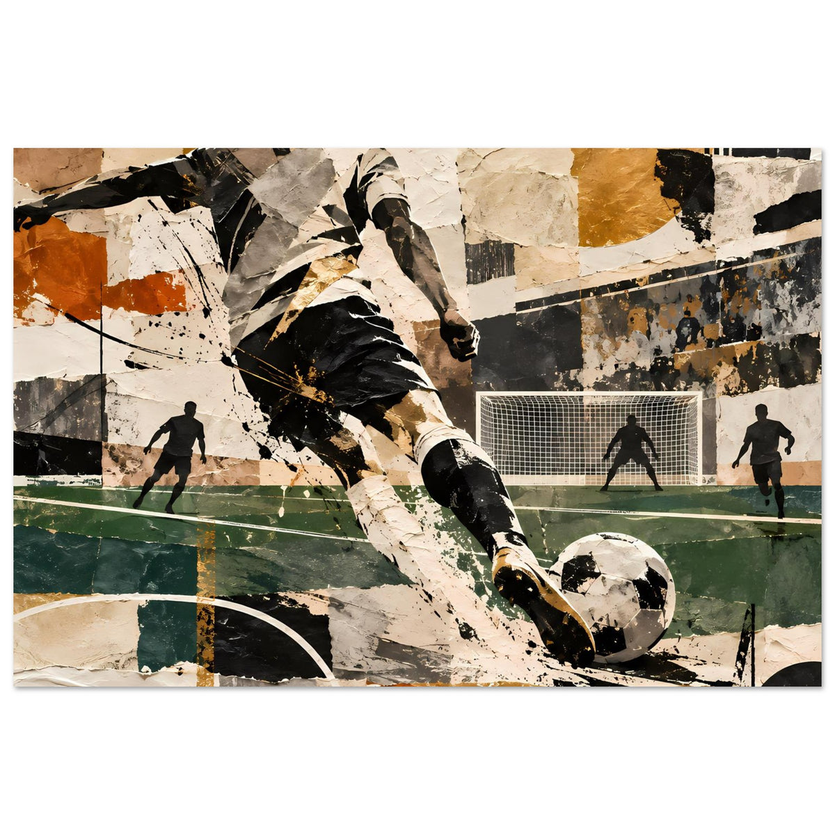 Fußball-Action-Kunstposter quer: Teilansicht von Spieler und Ball, Torwand und Figuren im Netzbereich